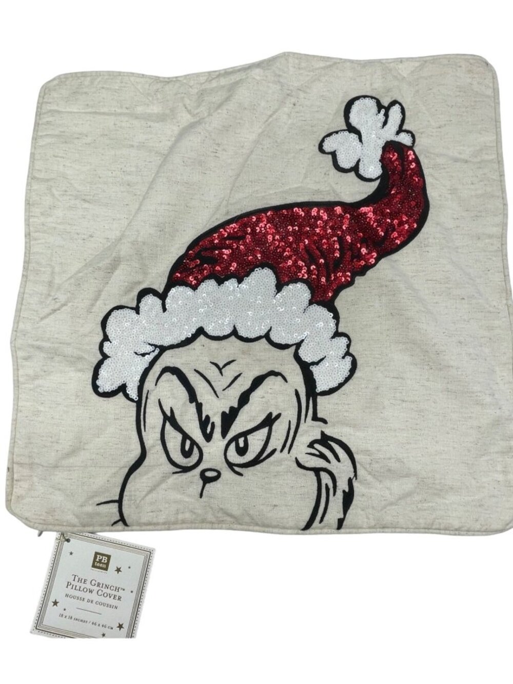 PB teen the Grinch pillow cover 18 square sequin white red Christmas READ NEW